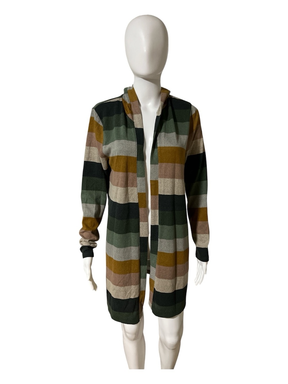 Open-Front Striped Long Cardigan Sweater in Green Multi